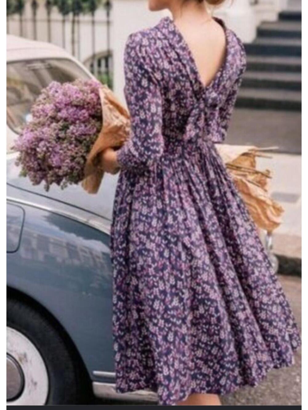 GAL MEETS GLAM Beth navy purple vine print long sleeve dress s 6
